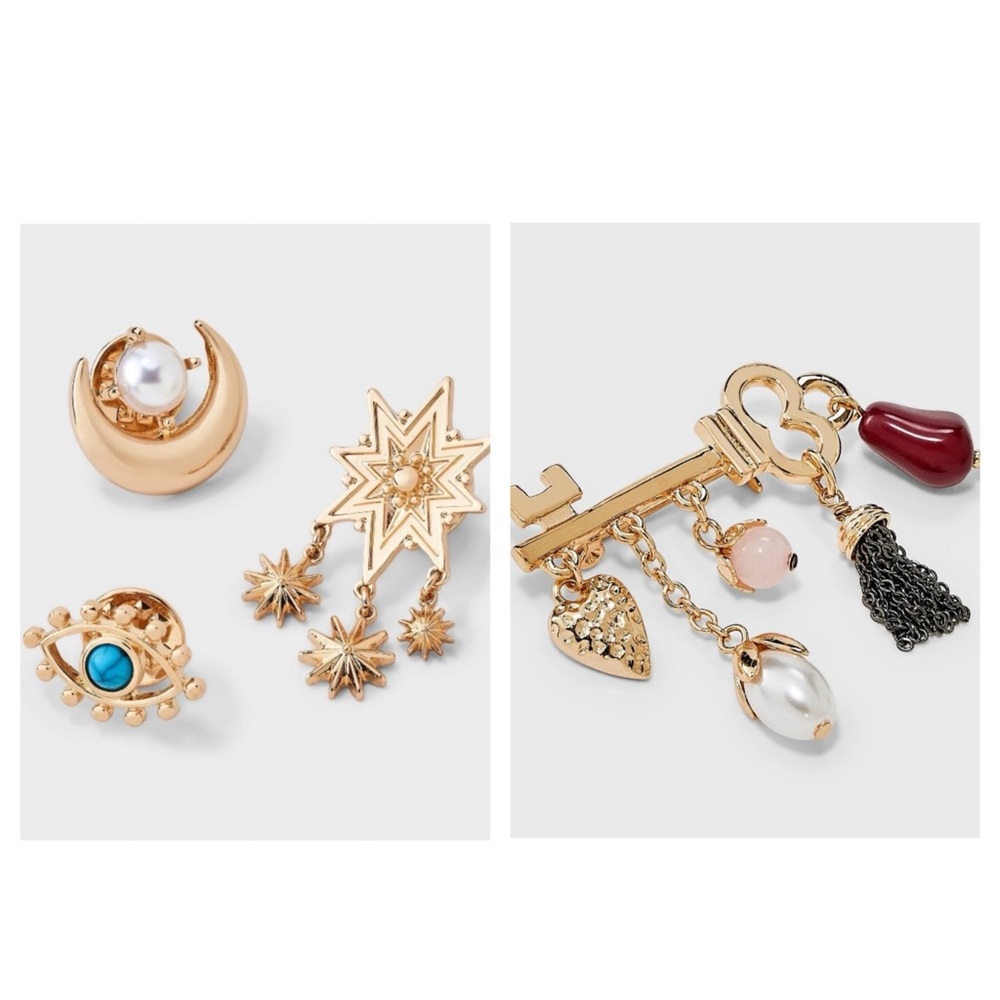 Gold Celestial Moon Eye Star Key Pearl Charm Pin Brooch Set Universal Thread NWT